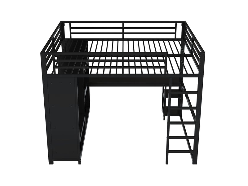Lit mezzanine noir 160x200 cm en métal avec bureau, led, station de charge, penderie ouverte et étagères de rangement - Conforama D