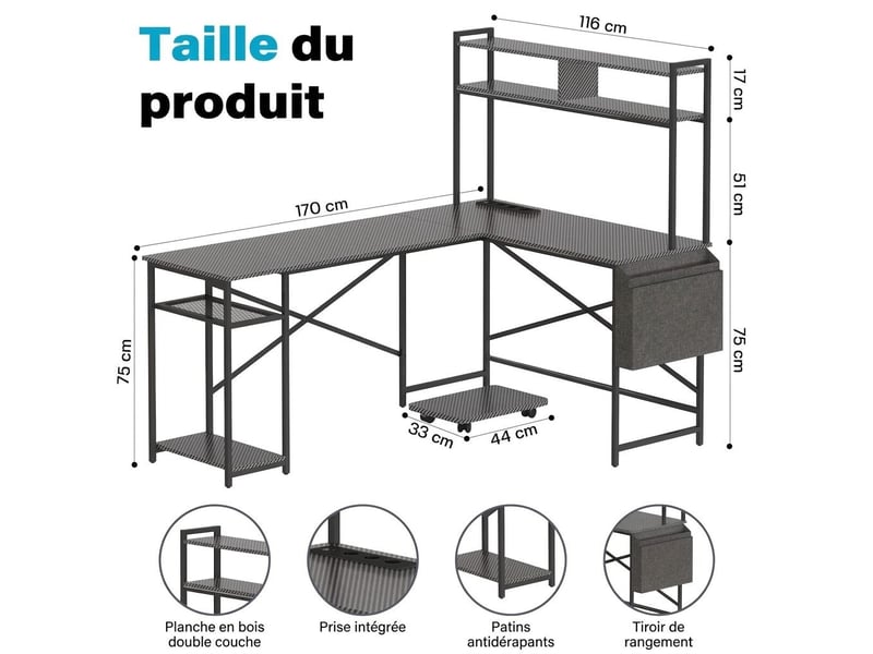  Bureau gaming d'angle en l avec étagère multiprise et support unité centrale noir  - Conforama E