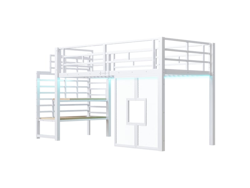 Lit mezzanine en métal 90x200cm avec escalier, espace de rangement, éclairage led et fenêtres, blanc - Conforama R