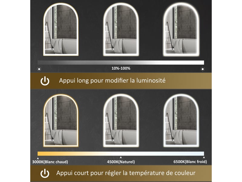  Miroir de salle de bain led 90 x 60cm, mural, 3 couleurs, arqué cadre en aluminium, désembuage et interrupteur tactile  - Conforama D