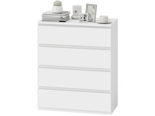 Commode moderne à 4 tiroirs sans poignées pour chambre et salon, 80 x 39 x 95 cm, blanche