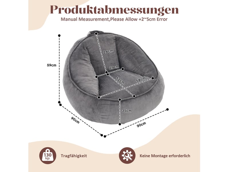  Fauteuil pouf ergonomique avec dossier enveloppant, garnissage en mousse à mémoire de forme en velours côtelé gris clair  - Conforama C