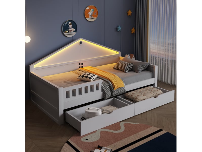  Lit enfant simple 90x200 cm, structure bois, coloris blanc, sommier, 2 tiroirs de rangement, bande éclairage led, sans matelas  - Conforama D