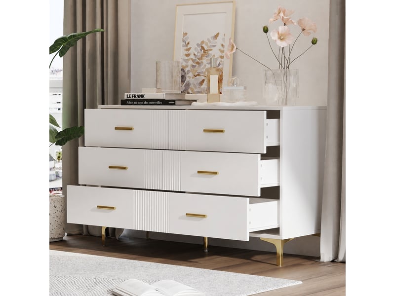 Commode blanche 6 tiroirs pour chambre et salon, façades rainurées, poignées et pieds dorés, 120 x 40 x 76 cm - Conforama B