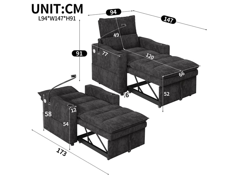  Fauteuil convertible 3-en-1 94x147x91 cm, chauffeuse et canapé-lit, fonction convertible, dossier réglable, ports usb et type-c, chenille gris OPULERANE TRADING LTD - Conforama C