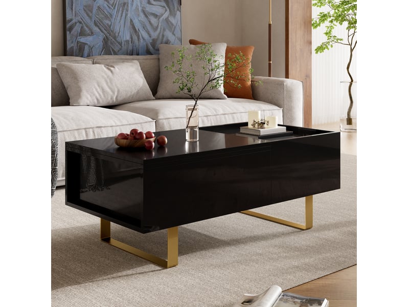  Table basse relevable avec tiroir et rangement caché, noire brillante, pieds en fer doré, pour salon 100 × 50 × 54,5 cm  - Conforama E