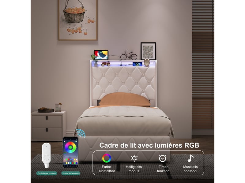 Lit coffre 90x200 cm avec led et usb, lit simple capitonné avec rangement hydraulique, lit 1 place avec sommier à lattes, lit adulte avec tête de lit rembourrée, velours blanc - Conforama W