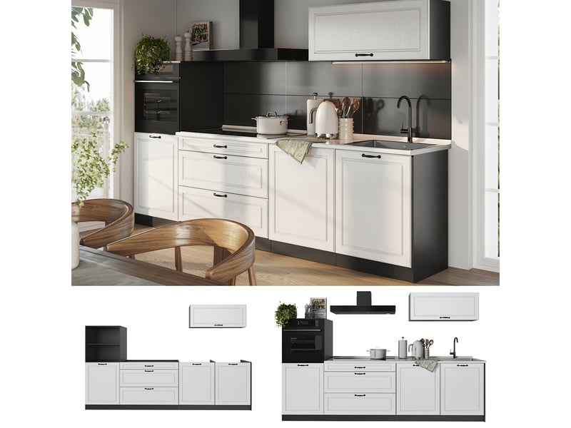  Vicco cuisine, blanc campagneanthracite, 280cm plan de travail chêne doré  - Conforama D