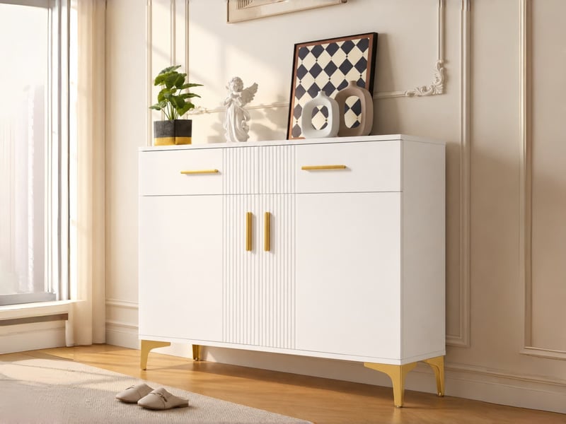  Commode moderne 2 tiroirs et 2 portes, meuble de rangement, poignées et pieds en métal, l80 x p35 x h79,5 cm, blanc  - Conforama B