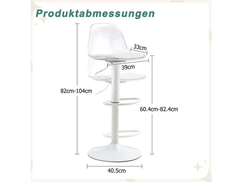 Tabouret de bar réglable pivotant avec dossier ergonomique et base métallique, transparent et blanc  - Conforama D