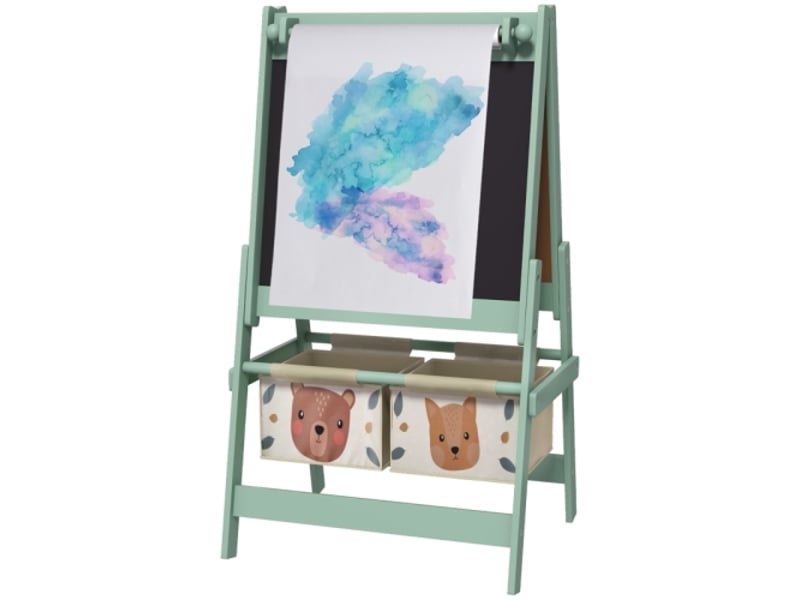 Chevalet enfant 3 en 1 vert, rouleau papier, tableau noir, tableau blanc, paniers rangement, 54x46,5x93 cm - Conforama A