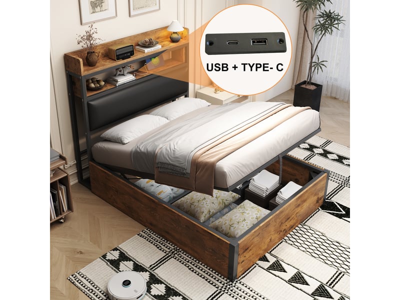  Lit simple 90x200 cm noir, tête de lit rembourrée, coffre hydraulique, usb, bois et métal  - Conforama B