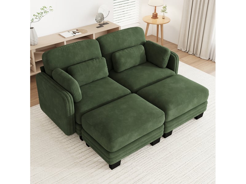  Canapé modulaire 2 places 176x143x88 cm avec 2 poufs en chenille vert  - Conforama E
