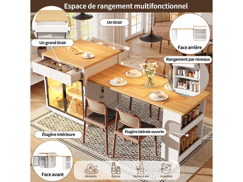 Îlot de cuisine extensible 122–194,5 x 70 x 94 cm, rgb led, vitrine en verre, 2 tiroirs et rangements pour 2 à 6 personnes, blanc - Conforama D