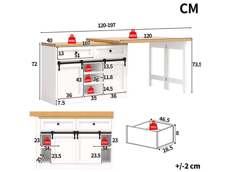 Îlot de cuisine 120-197x40x72 cm blanc et bois clair, 2 tiroirs  - Conforama C