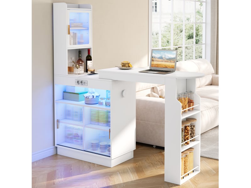  Table de bar extensible avec rangement led et prises 131-170x40x170 cm blanche  - Conforama W
