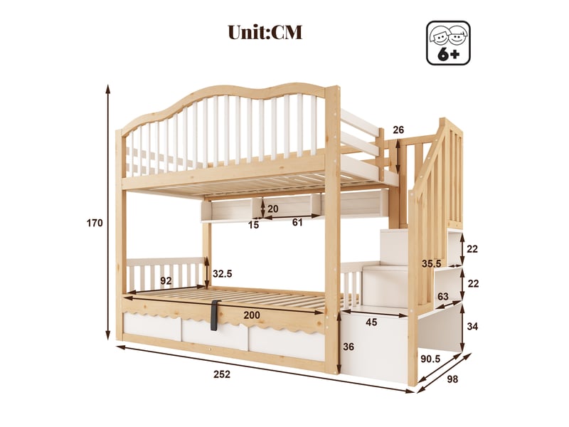 Lit superposé enfant en bois 90x200 cm avec rangement hydraulique, escalier avec rangements, étagères et garde-corps de sécurité - blanc et chêne - Conforama C