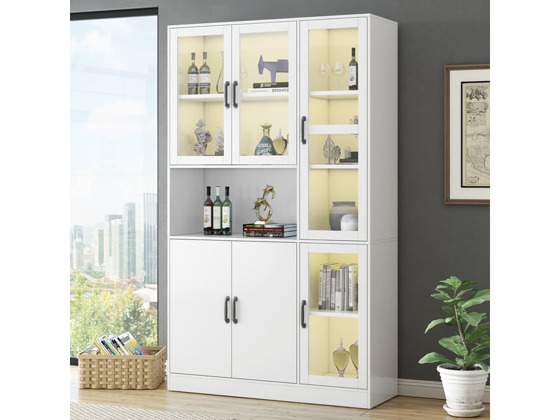  Bibliothèque vitrine avec led, 9 espaces et étagères réglables - lpospi - portes en verre mdf blanc 120 × 40 × 200 cm  - Conforama C