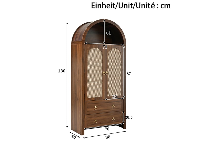  Buffet haut 80x40x180 cm avec 2 portes en cannage et doubles tiroirs en mdf couleur marron  - Conforama C