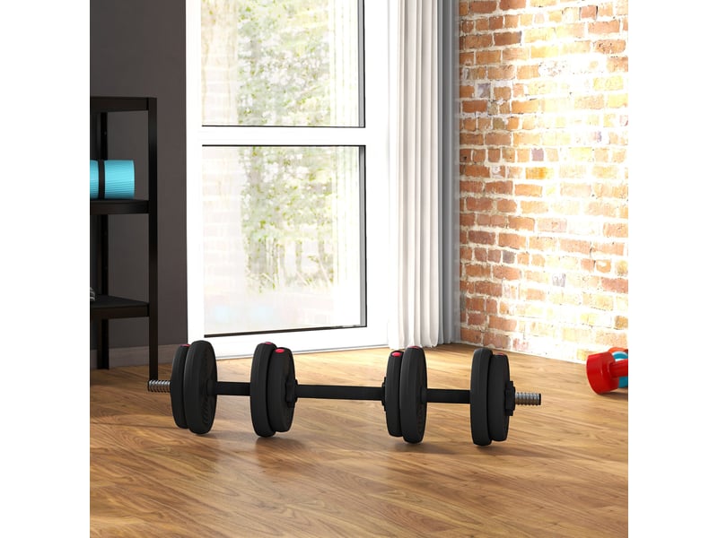  Ensemble 2 en 1 avec 2 haltères convertibles en barre, poids total 15 kg et disques de poids ajustables, rouge  - Conforama C