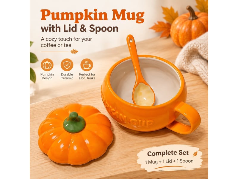  Petit mug en céramique avec couvercle et cuillère, citrouille  - Conforama C