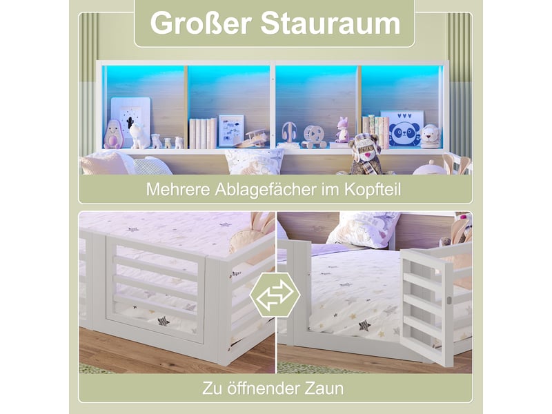  Lit enfant 140x200 cm avec barrières-led et rangements latéraux-sommier à lattes en métal et bois-blanc  - Conforama D