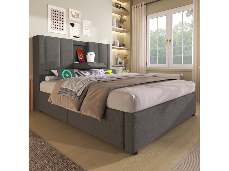  Modenvie lit coffre 90x200 cm - rangement sous le lit, station de charge usb c - matelas inclus - gris  - Conforama D