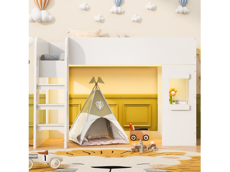  Lit mezzanine enfant 90 × 200 cm 1 place avec bureau, led et échelle sécurisée, sans matelas, blanc  - Conforama C