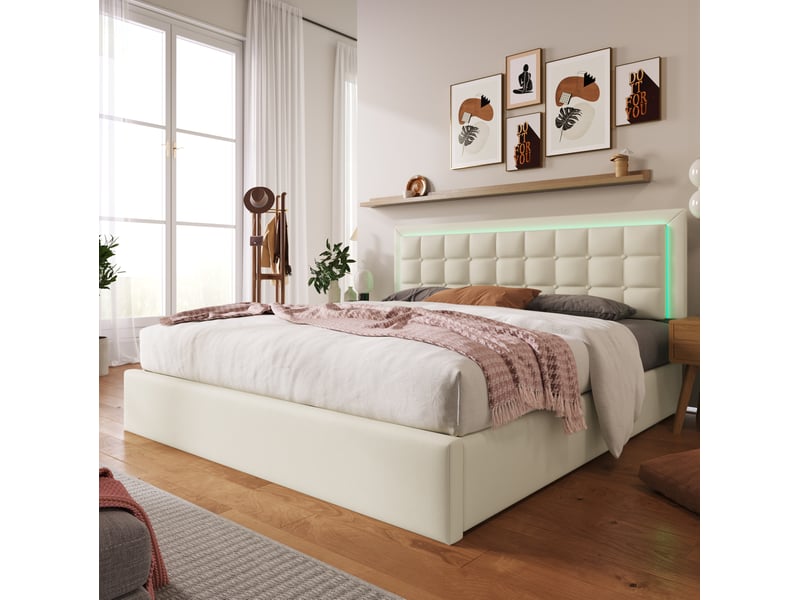  Lit coffre double 160x200 avec sommier, led et rangement hydraulique, avec matelas pour chambre en polyuréthane blanc  - Conforama D