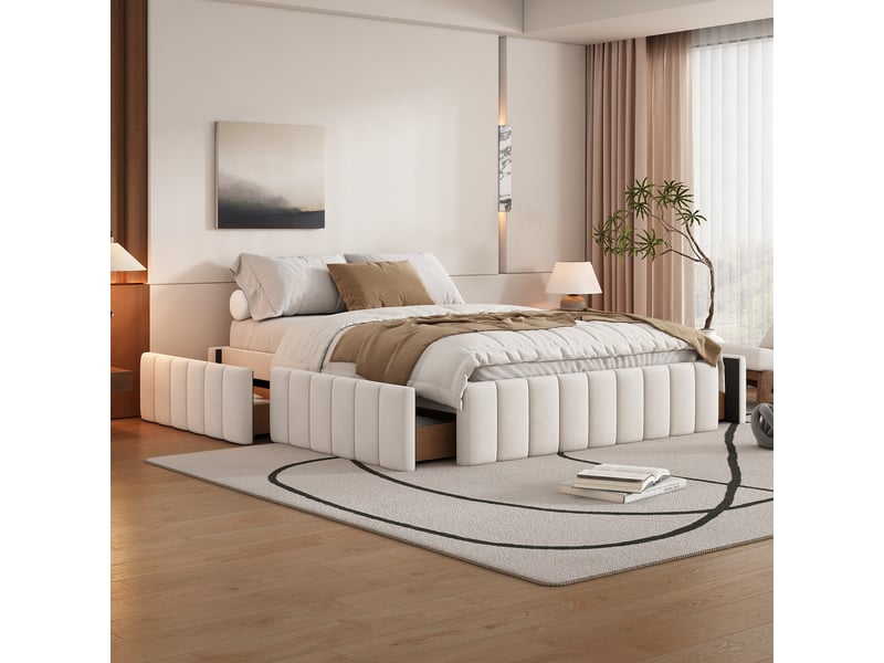  Lit capitonné 140 x 200 cm sans tête de lit, sommier à lattes, sans matelas, beige, velours  - Conforama D
