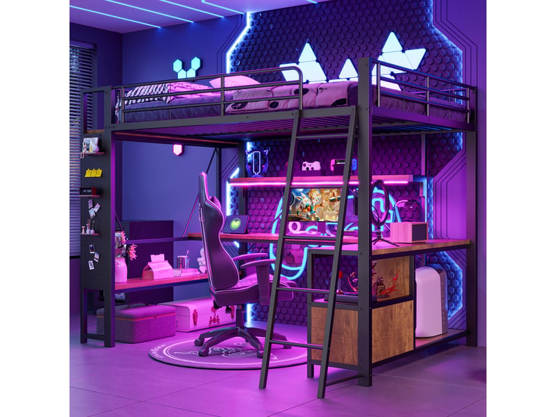 Lit mezzanine 140 x 200 cm, structure métal, led, bureau, étagères, panneau perforé, usb, sans matelas, noir  - Conforama E