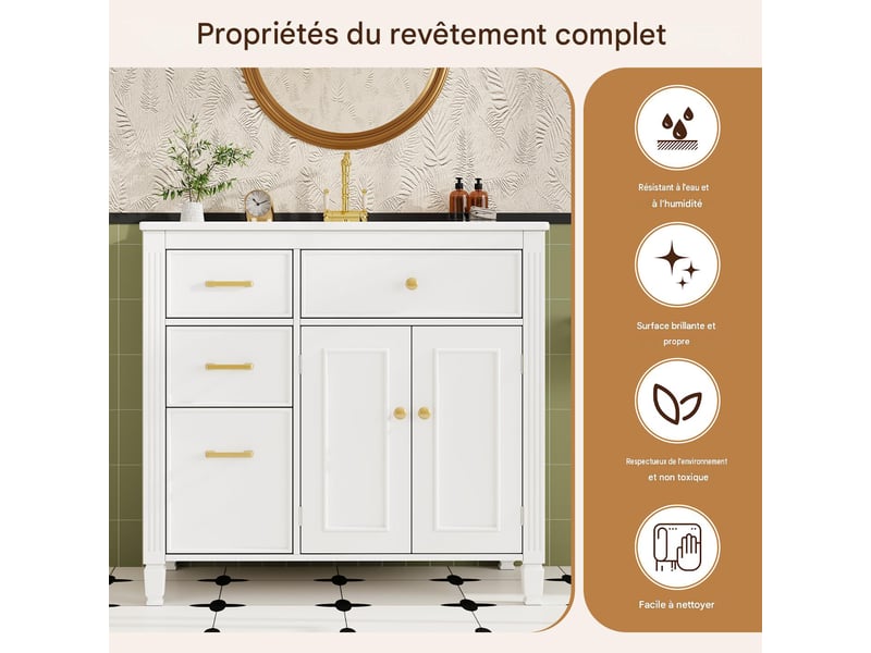  Meuble sous-vasque avec vasque céramique 4 tiroirs mdf blanc 91 x 46.5 x 87 cm  - Conforama D