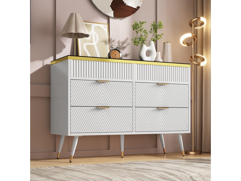  Commode blanche 120 cm, 6 tiroirs et plateau en verre ambré Fay Lum - Conforama E