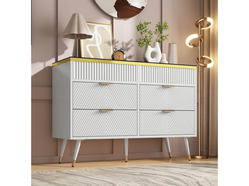  Commode blanche 120 cm, 6 tiroirs et plateau en verre ambré Fay Lum - Conforama E