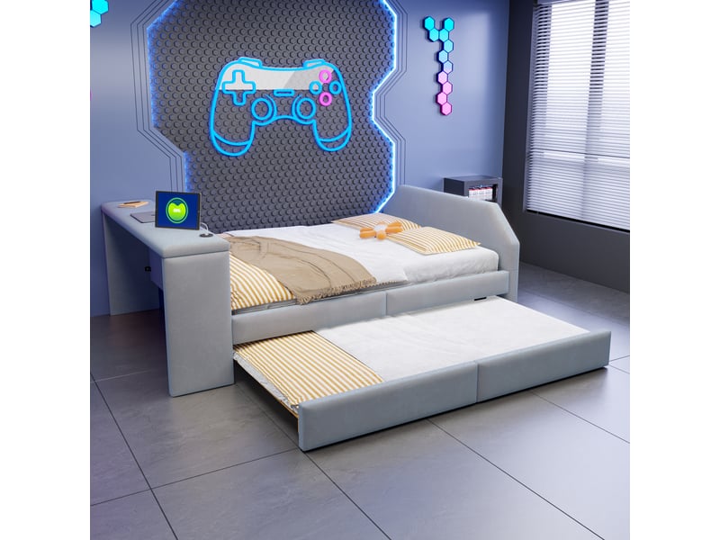  Lit gigogne 90x180+140*200 cm avec bureau coloris gris tissu  - Conforama B