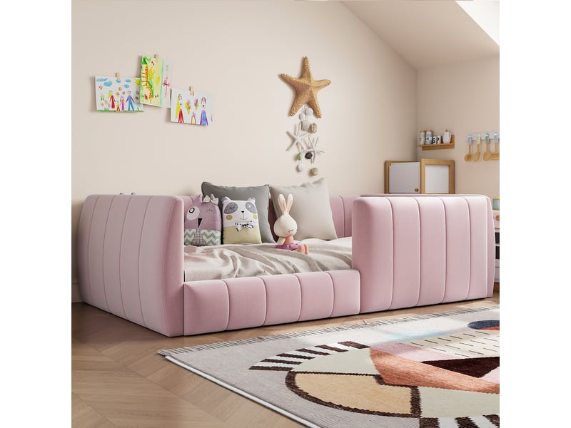  Lit enfant 90x200 cm, lit plateforme rembourré avec barrières de sécurité, tête de lit capitonnée et cadre bas - rose  - Conforama D