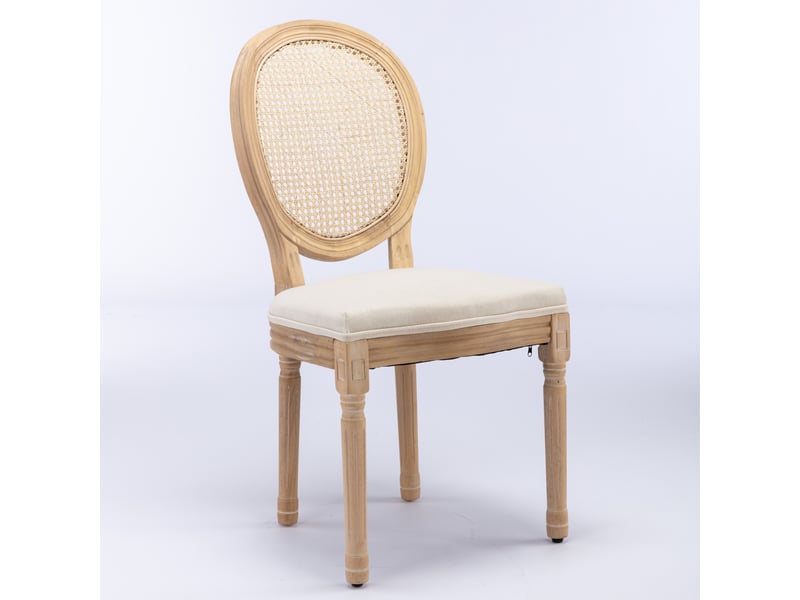  Lot de 2 chaises médaillon style français en tissu effet lin beige et cannage pieds bois vieilli  - Conforama A
