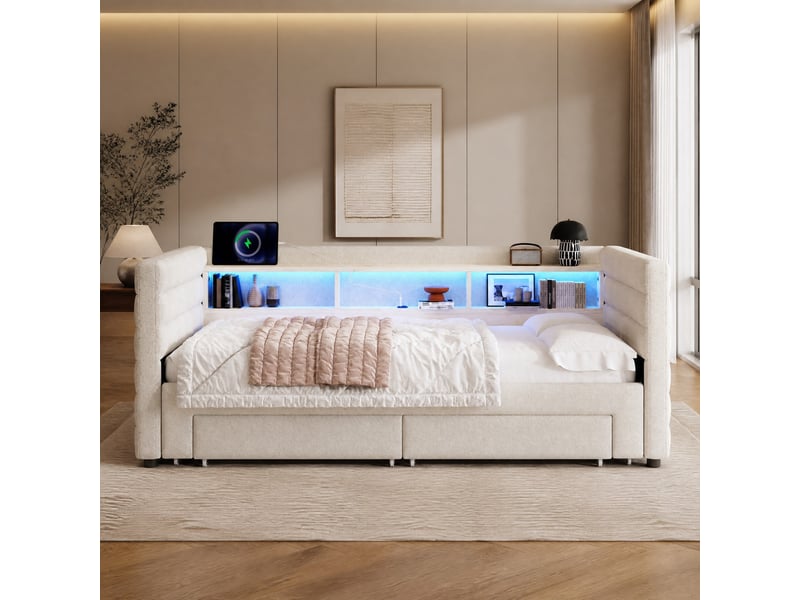  Lit simple 90x190 cm convertible avec éclairage led, en velours beige  - Conforama C