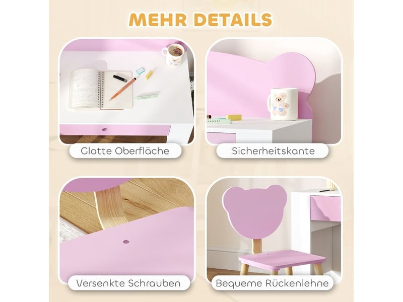  Bureau enfant avec chaise 80 x 41 x 74,5 cm rose en bois, tiroir et dossier ours, pour enfants de 3 à 8 ans  - Conforama D
