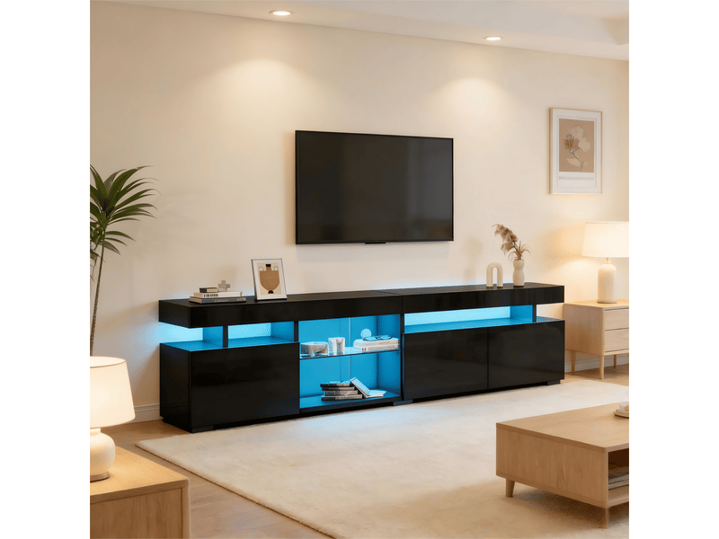  Meuble tv 180x35x45cm - meuble bas brillant avec 3 portes, étagères réglables en verre trempé, pour tv jusqu’à 80 pouces, panneau de particules - noir  - Conforama D