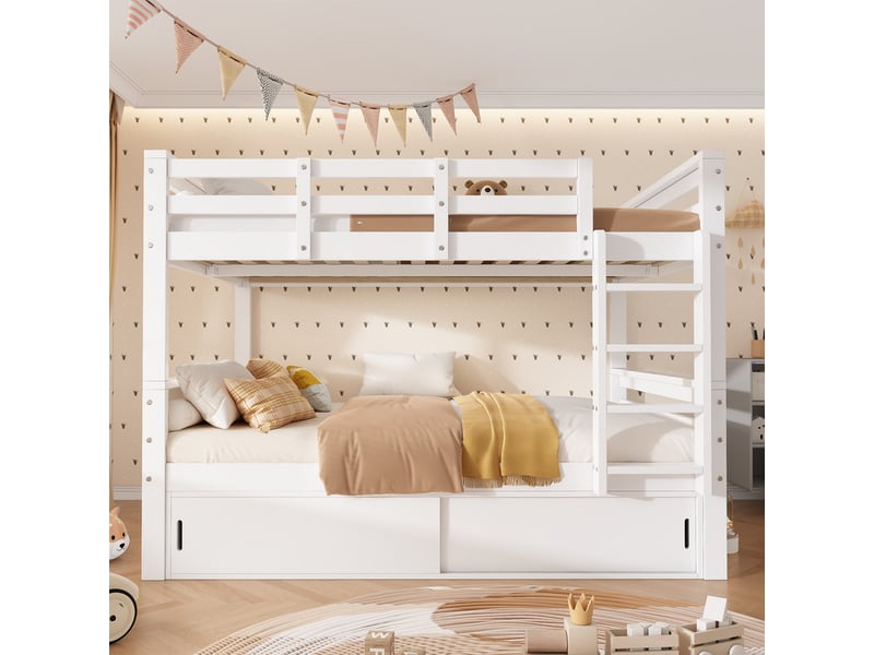  Lit superposé enfant 140x200 cm - avec 2 portes coulissantes - avec échelle - peut être séparé en deux lits simples - bois massif + mdf - blanc (sans matelas)  - Conforama E
