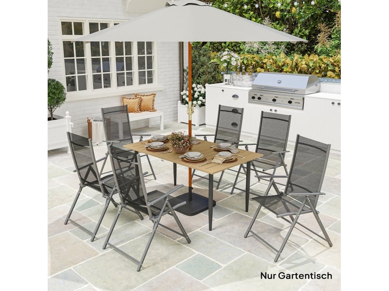  Table de jardin 150 x 90 x 73 cm marron en métal, 6 personnes avec trou pour parasol résistant aux intempéries  - Conforama B