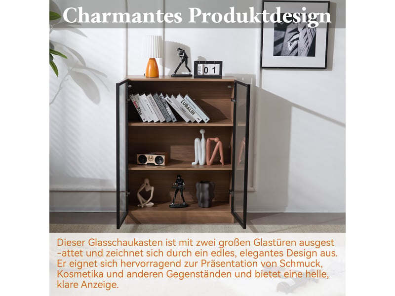  Vitrine naturel et bois foncé, verre, 80 × 30 × 106 cm, 3 étagères, portes vitrées et éclairage led pour salon  - Conforama D