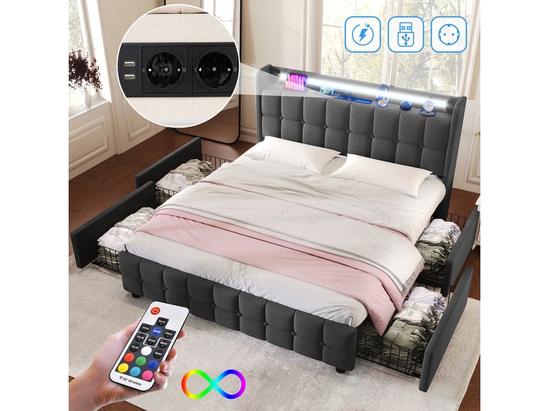 Lit coffre 140x200 cm rembourré, 4 tiroirs de rangement, led et usb intégrés, tête de lit avec boutons, gris - Conforama D