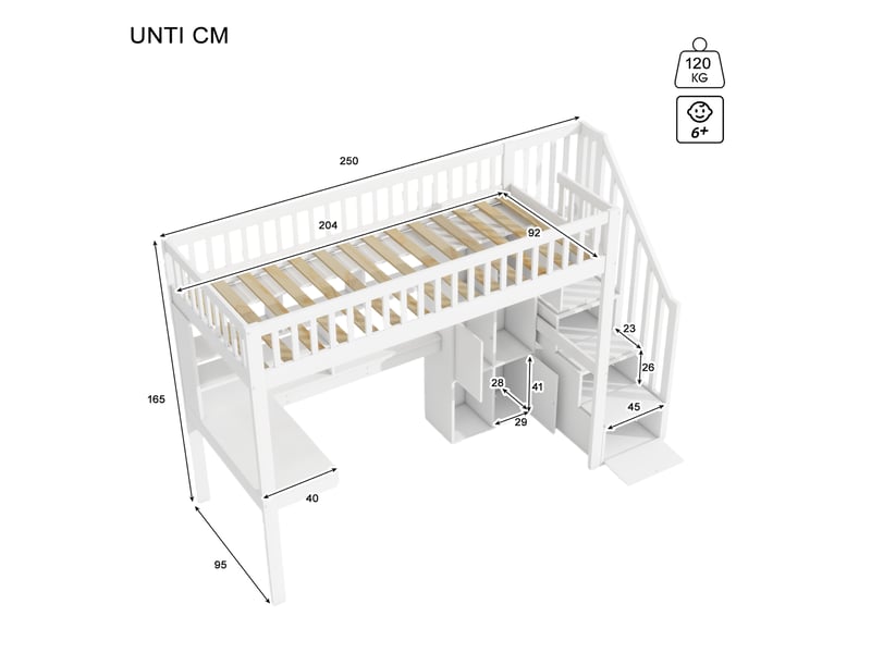  Lit mezzanine enfant simple 90×200 cm avec led, échelle de rangement et bureau  - sans matelas, pin mdf blanc  - Conforama D