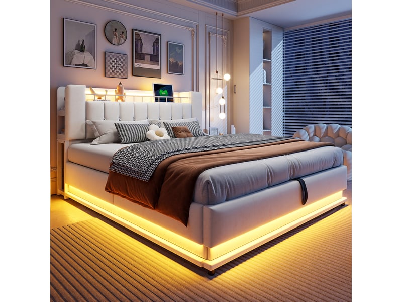  Lit coffre rembourré 180x200 cm coloris beige led tissu lit enfant beige - Conforama E