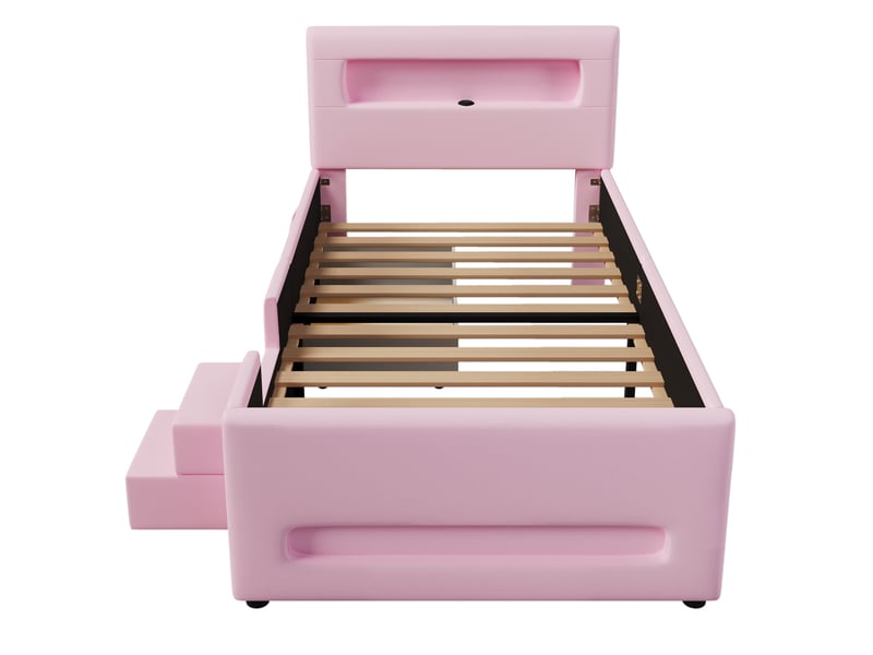  Lit plateforme rembourré 90 x 200 cm avec escalier, tiroir, bandes led, port usb et poches de rangement, rose  - Conforama D