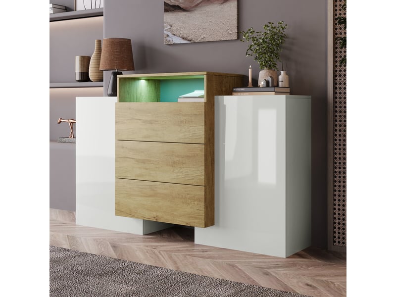  Meuble de cuisine muvano, buffet moderne 140 cm, blanc brillant et effet bois, 2 portes et 3 tiroirs  - Conforama B