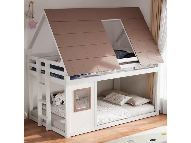  Lit superposé cabane 140 × 200 cm, blanc et brun, pin massif et mdf, toit, fenêtre, garde-corps, échelle, sommiers à lattes  - Conforama B