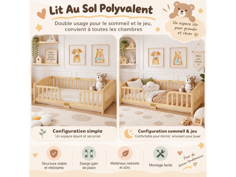  Lit enfant  90x200 cm boisnaturel lit enfant au sol avec barrière de sécurité et sommier  - Conforama D